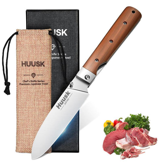 Huusk Folding Chef Pocket Knife, Japanese Santoku with 440C Stainless Steel Ultra Sharp Blade. EDC Kitchen, BBQ, Camping Knife for Meat, Veggies, and Fruits. Perfect Thanksgiving/Black Friday Gift.