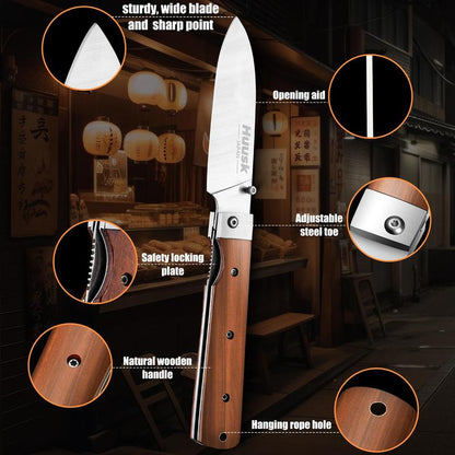 Huusk Folding Chef Pocket Knife, Japanese Santoku with 440C Stainless Steel Ultra Sharp Blade. EDC Kitchen, BBQ, Camping Knife for Meat, Veggies, and Fruits. Perfect Thanksgiving/Black Friday Gift.