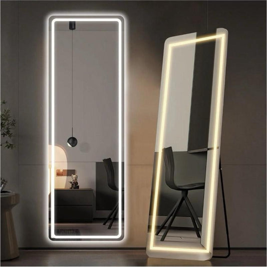 Full Length Mirror with Lights, 64"X21" LED Full Body Mirror, Free Standing Lighted Floor Mirror, 3 Color Lighting, White