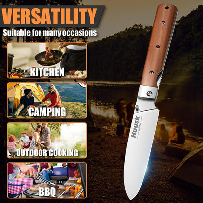 Huusk Folding Chef Pocket Knife, Japanese Santoku with 440C Stainless Steel Ultra Sharp Blade. EDC Kitchen, BBQ, Camping Knife for Meat, Veggies, and Fruits. Perfect Thanksgiving/Black Friday Gift.