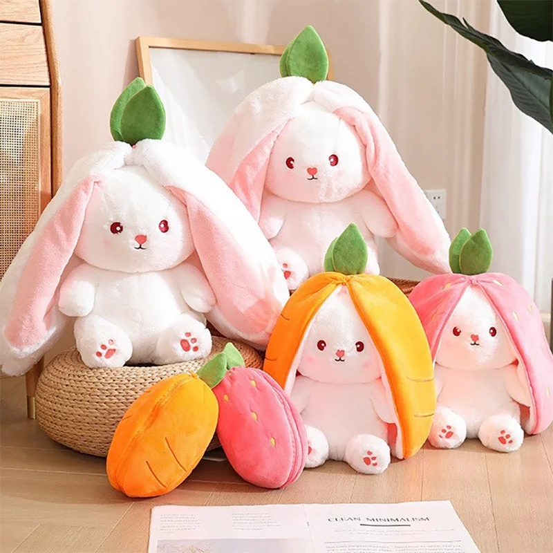 Strawberry Rabbit Plush Toy 18-35Cm Cute Fruit Transform Strawberry Carrot Big Ears Rabbit Soft Kids Christmas Birthday Gift