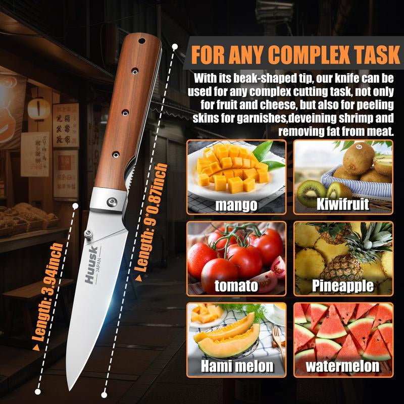 Huusk Folding Chef Pocket Knife, Japanese Santoku with 440C Stainless Steel Ultra Sharp Blade. EDC Kitchen, BBQ, Camping Knife for Meat, Veggies, and Fruits. Perfect Thanksgiving/Black Friday Gift.