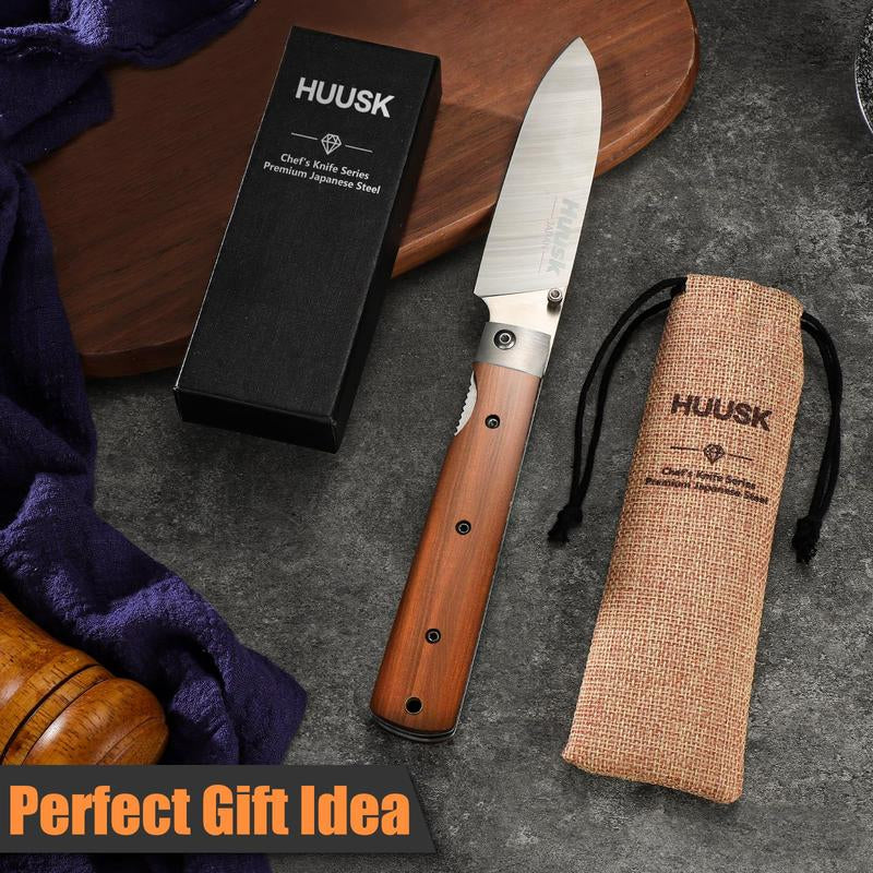 Huusk Folding Chef Pocket Knife, Japanese Santoku with 440C Stainless Steel Ultra Sharp Blade. EDC Kitchen, BBQ, Camping Knife for Meat, Veggies, and Fruits. Perfect Thanksgiving/Black Friday Gift.